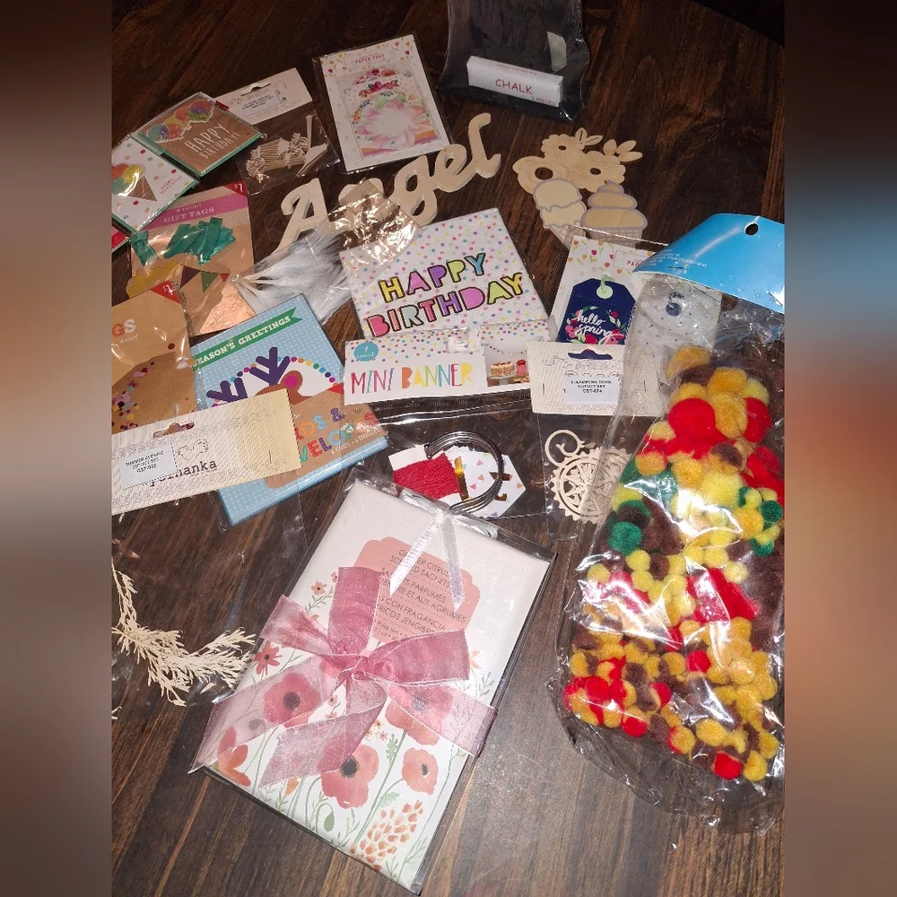Craft Supplies Wooden Art Mixed Media  Pompoms Letters Chipboard Cards Tags Box